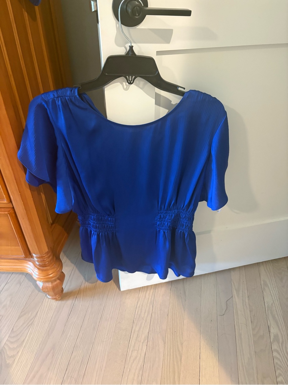 Anne Klein Cobalt Blue Short Sleeve Smocked Waist Blouse